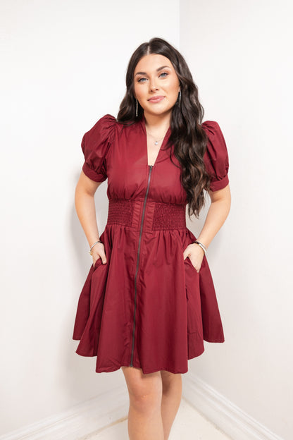 Burgundy Belle Front Zip Smocked Mini Dress