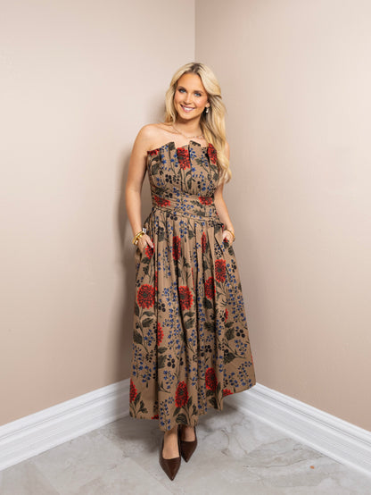 Autumn Pleats Strapless Midi Dress