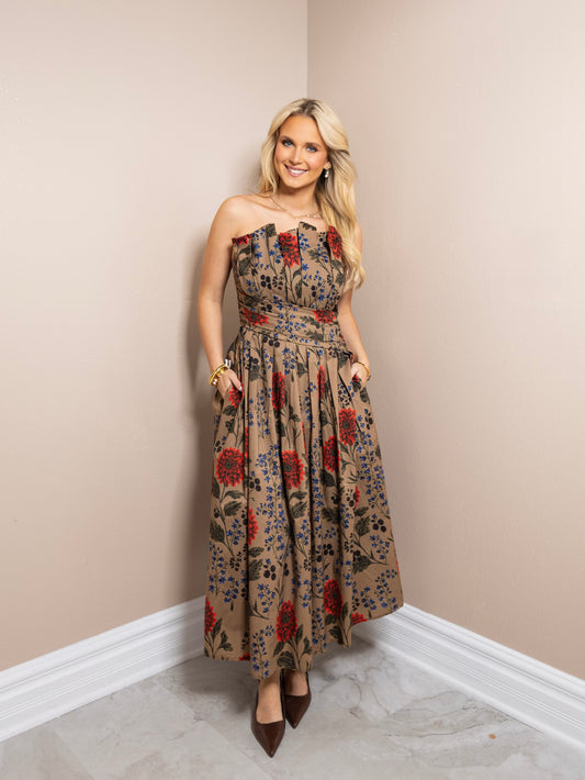Autumn Pleats Strapless Midi Dress