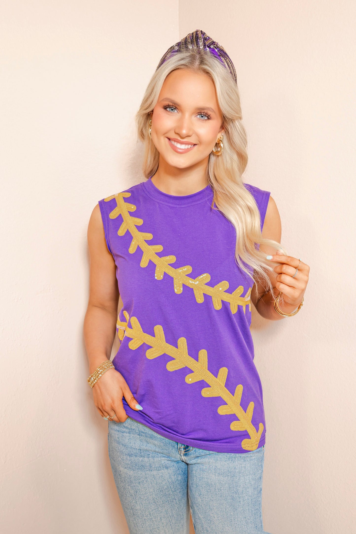 Belle Cher Baseball Stitch Sequin Tank