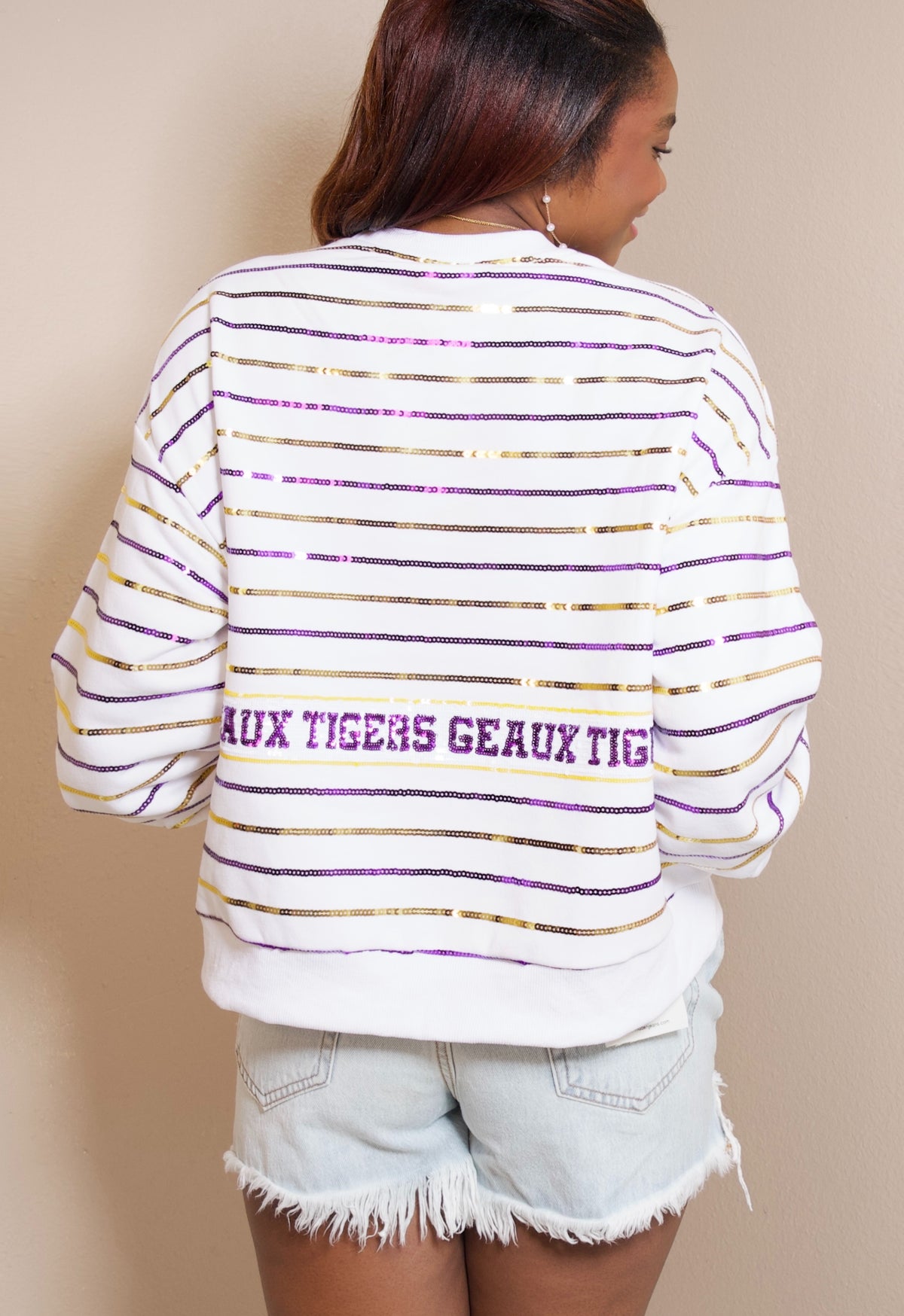 QOS Licensed LSU Sequin Stripe Sweatshirt