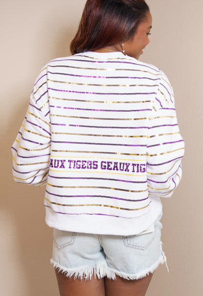 QOS Licensed LSU Sequin Stripe Sweatshirt