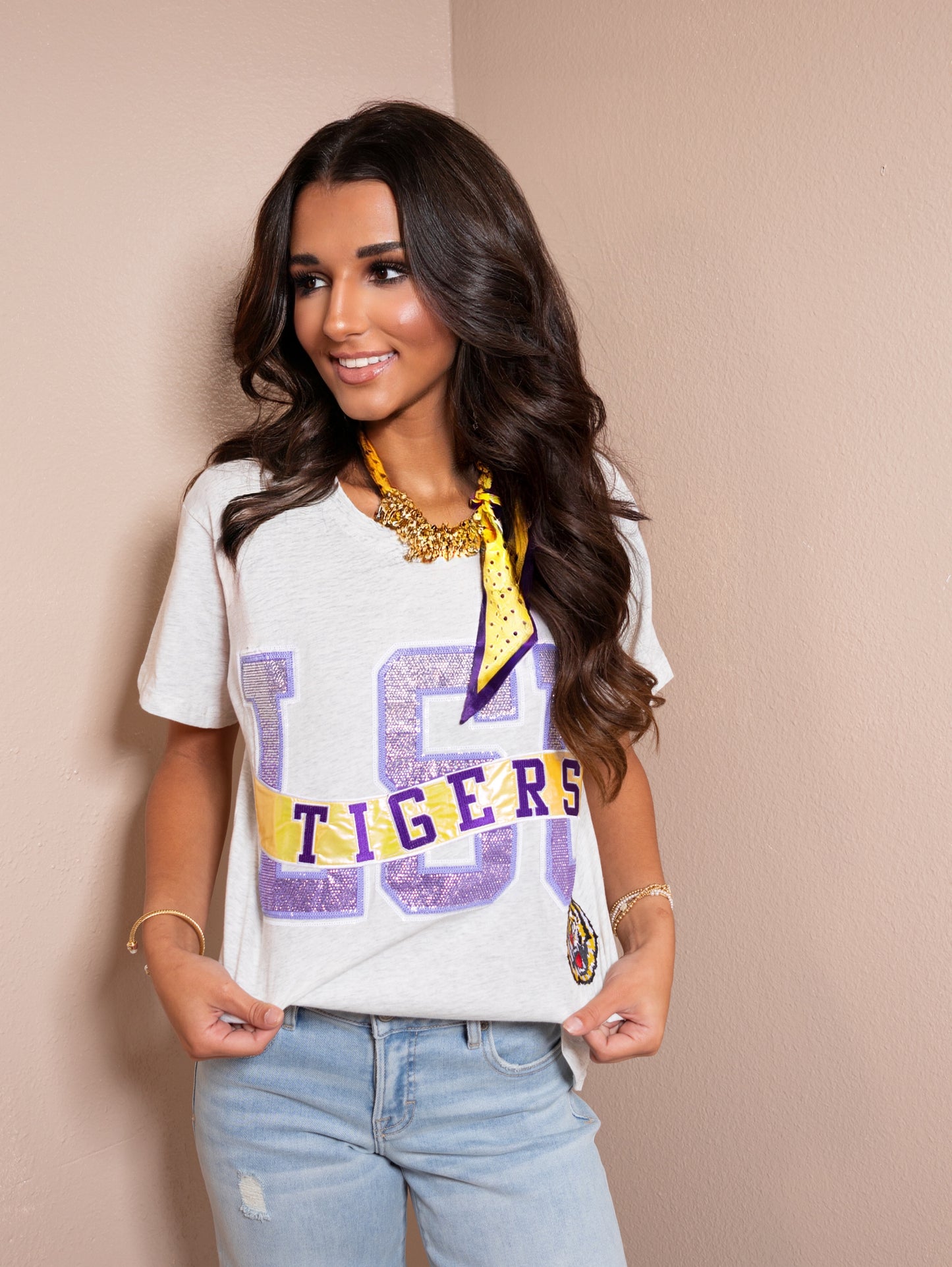 Queen of Sparkles Licensed LSU Rhinestone Metallic Banner Tee