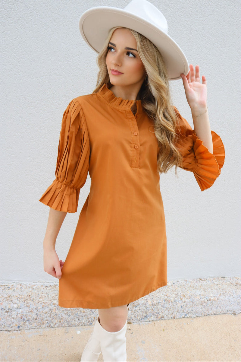 Carrie Camel Pleated Sleeve Dress-Dresses-KCoutureBoutique, women's boutique in Bossier City, Louisiana