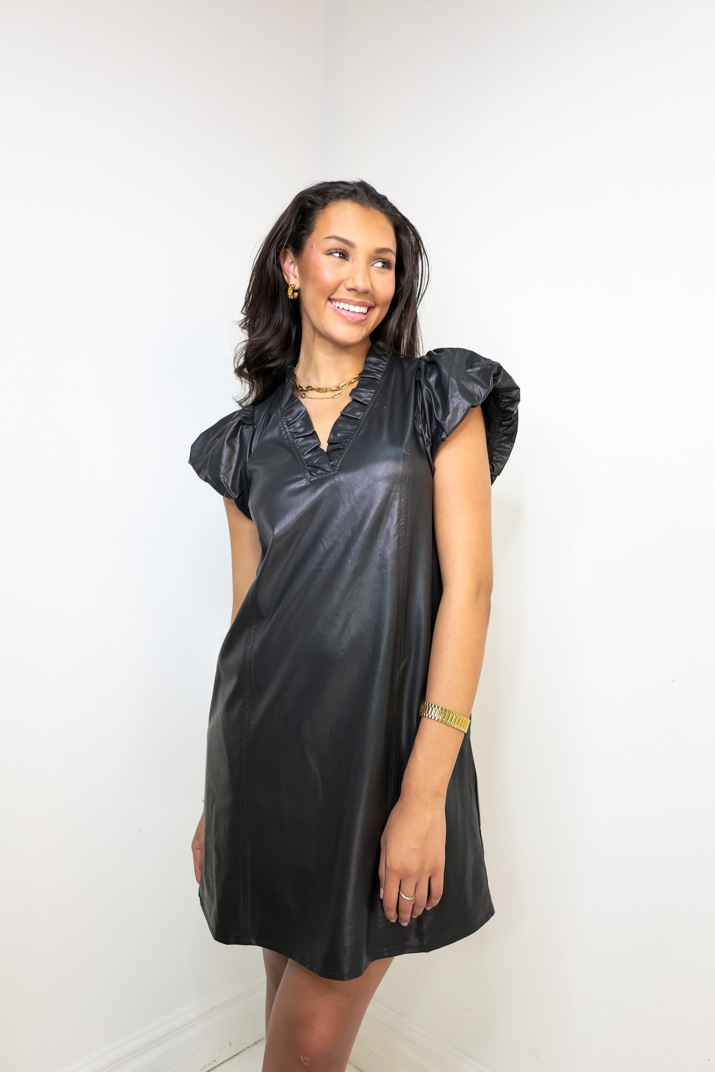 Chic In Ruffles Leather Dress