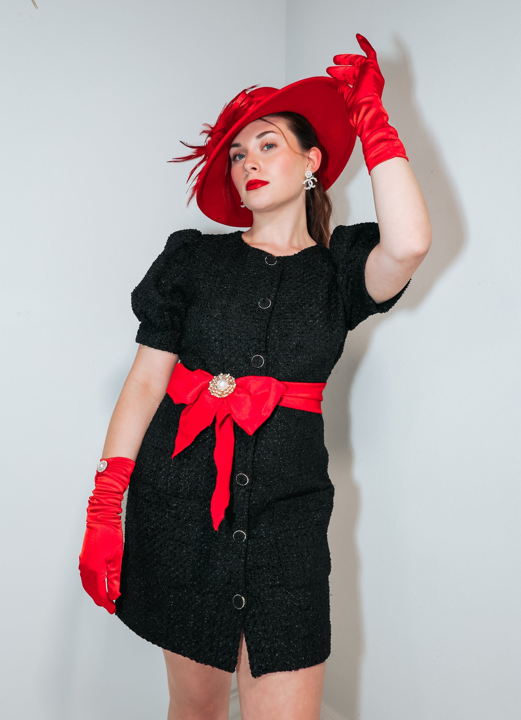 Classic Noir Tweed Puff Sleeve Mini Dress