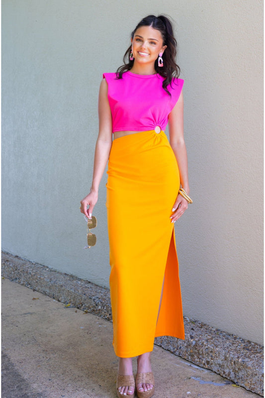 Color Block Padded Shoulder Cut Out Maxi Dress-Clothing-KCoutureBoutique, women's boutique in Bossier City, Louisiana