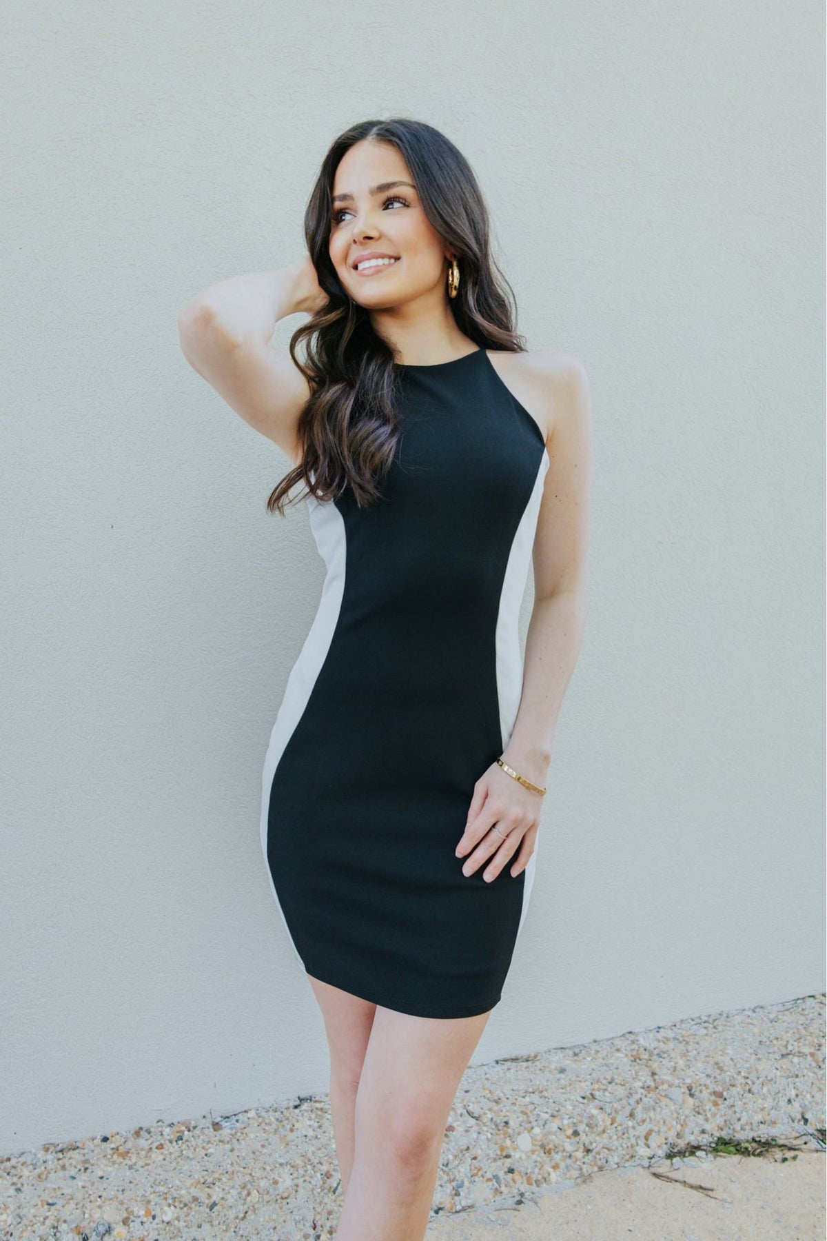 Colorblock Contour High Neck Mini Dress White/Black / Large