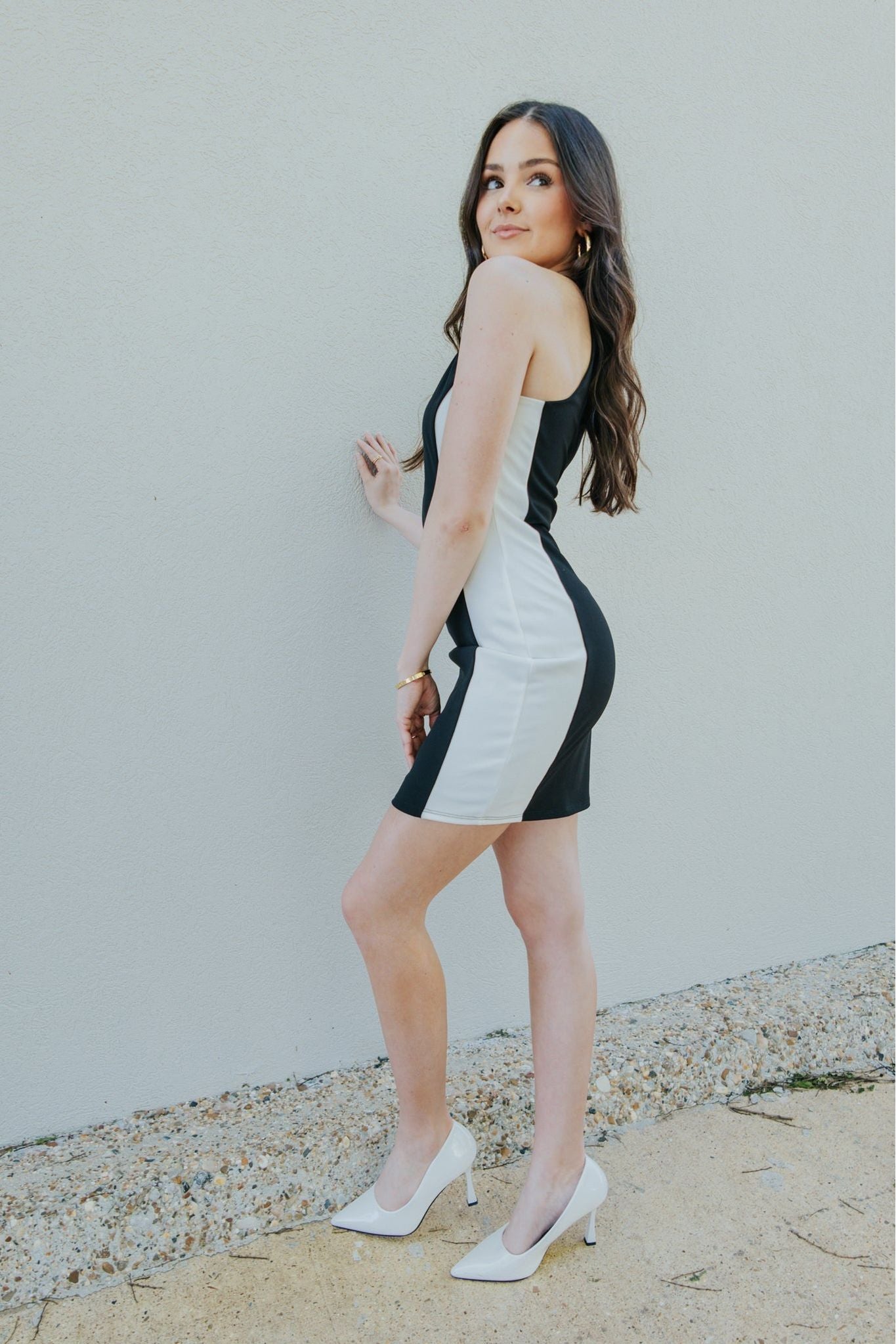 Colorblock Contour High Neck Mini Dress White/Black / Large