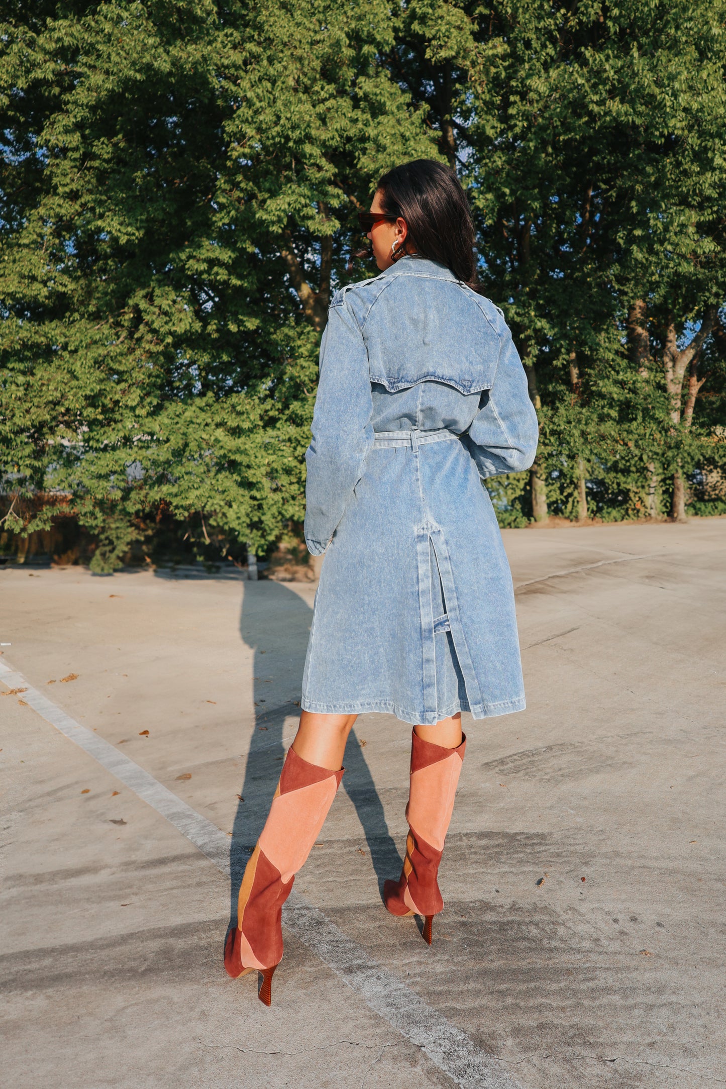 Double Breasted Belted Long Denim Trench Coat