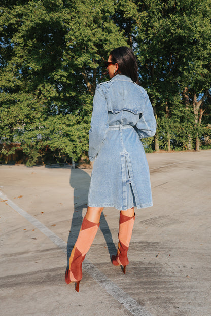 Double Breasted Belted Long Denim Trench Coat