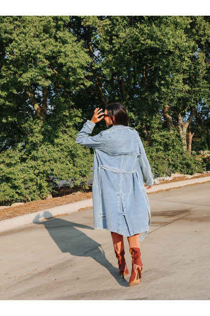 Double Breasted Belted Long Denim Trench Coat