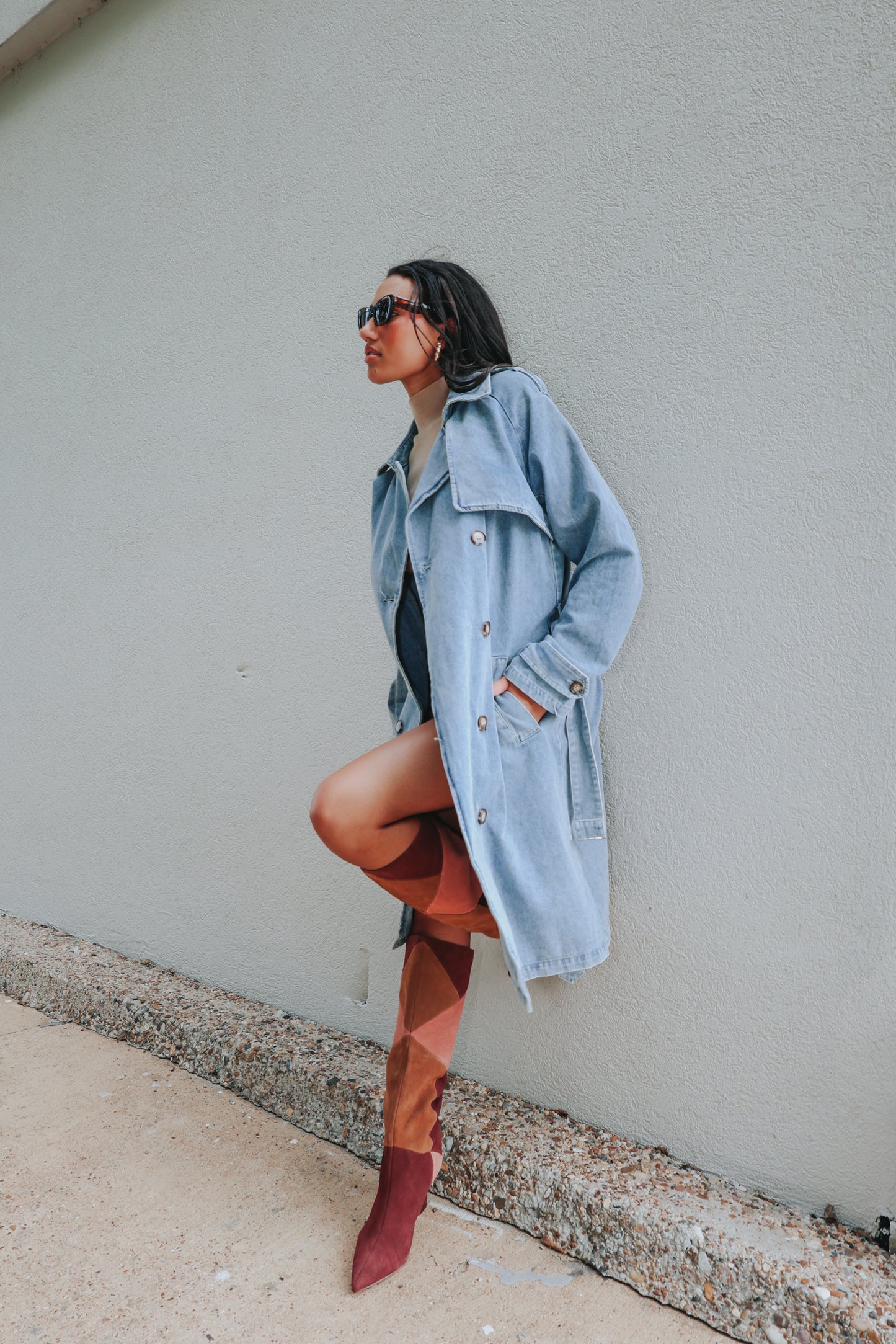 Double Breasted Belted Long Denim Trench Coat