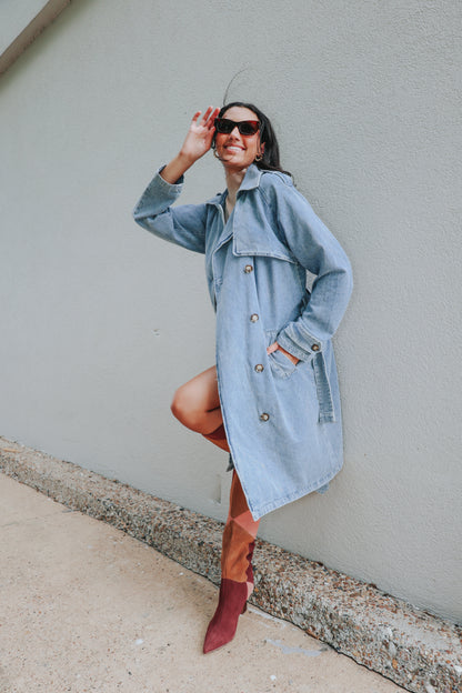 Double Breasted Belted Long Denim Trench Coat