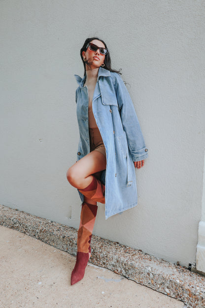 Double Breasted Belted Long Denim Trench Coat