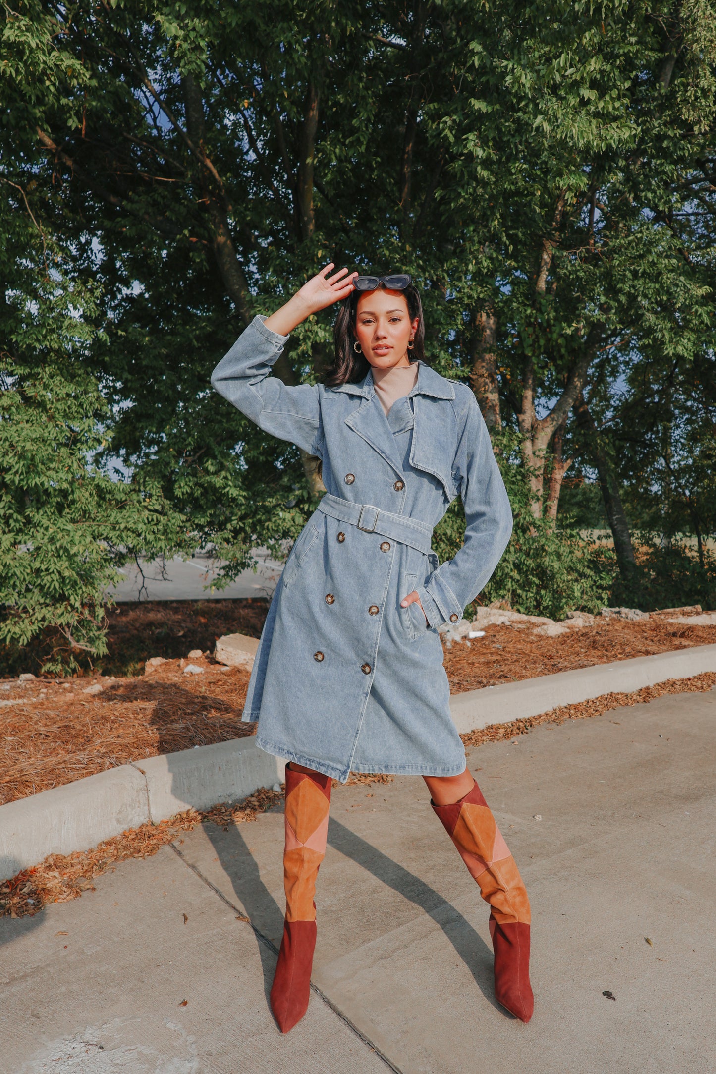 Double Breasted Belted Long Denim Trench Coat