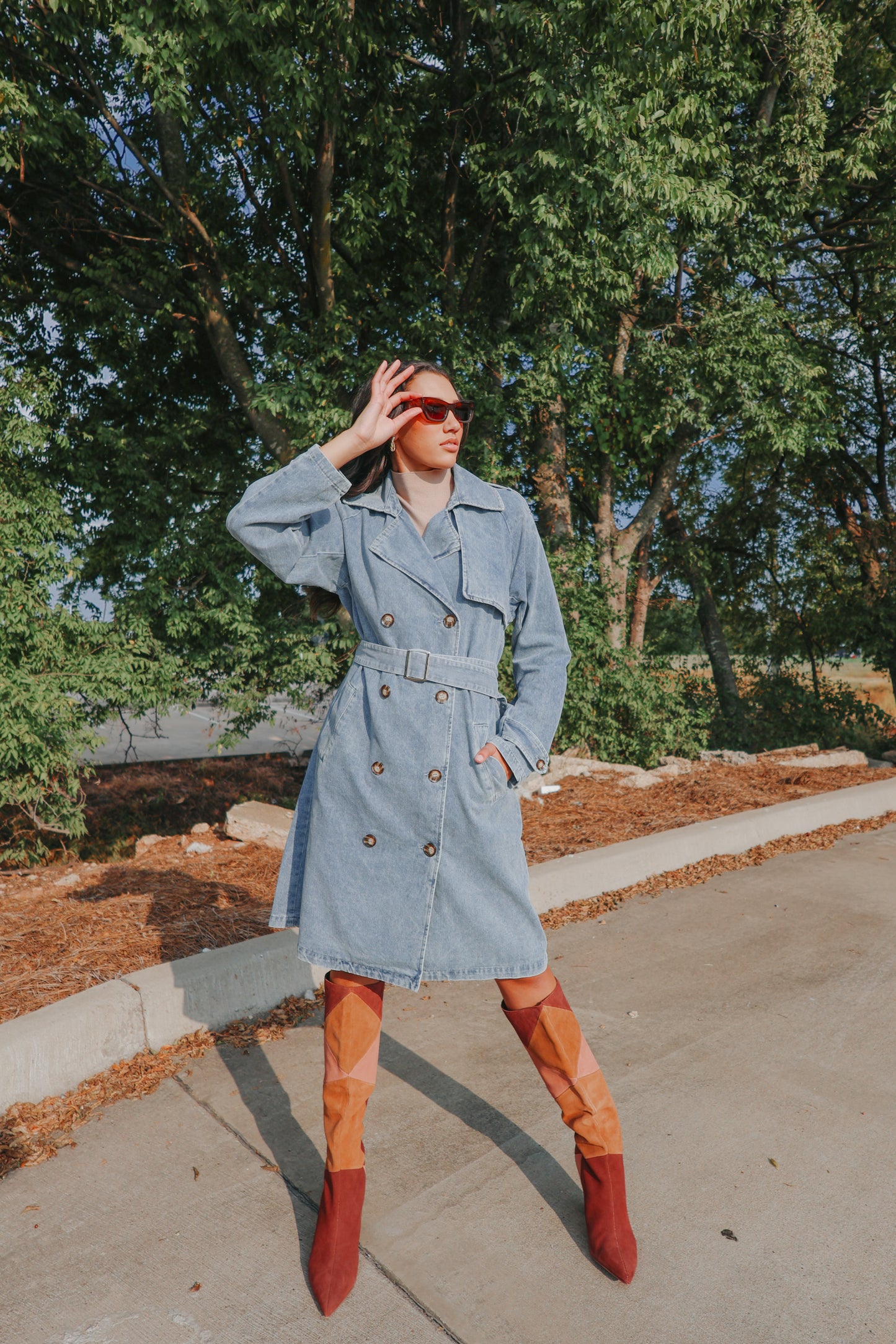 Double Breasted Belted Long Denim Trench Coat