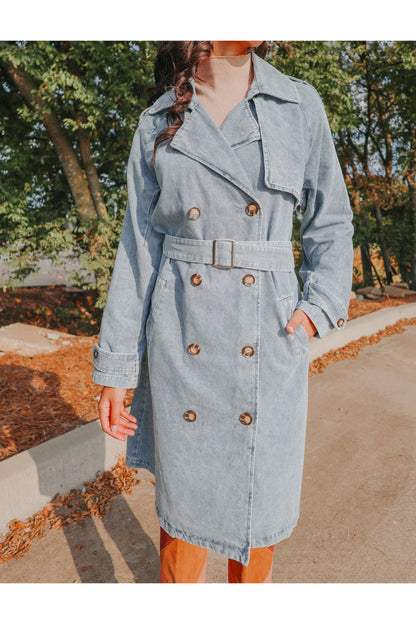 Double Breasted Belted Long Denim Trench Coat