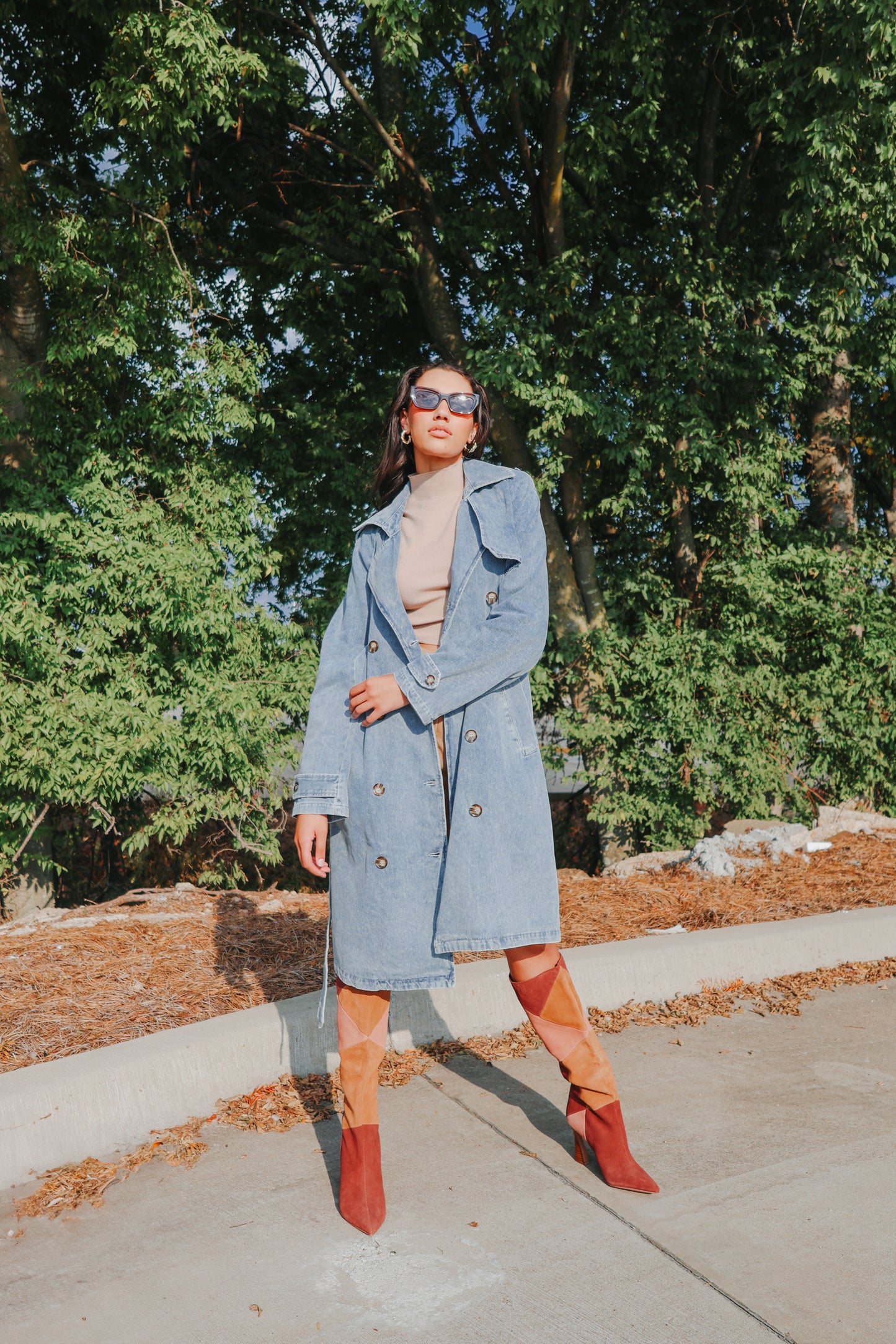 Double Breasted Belted Long Denim Trench Coat