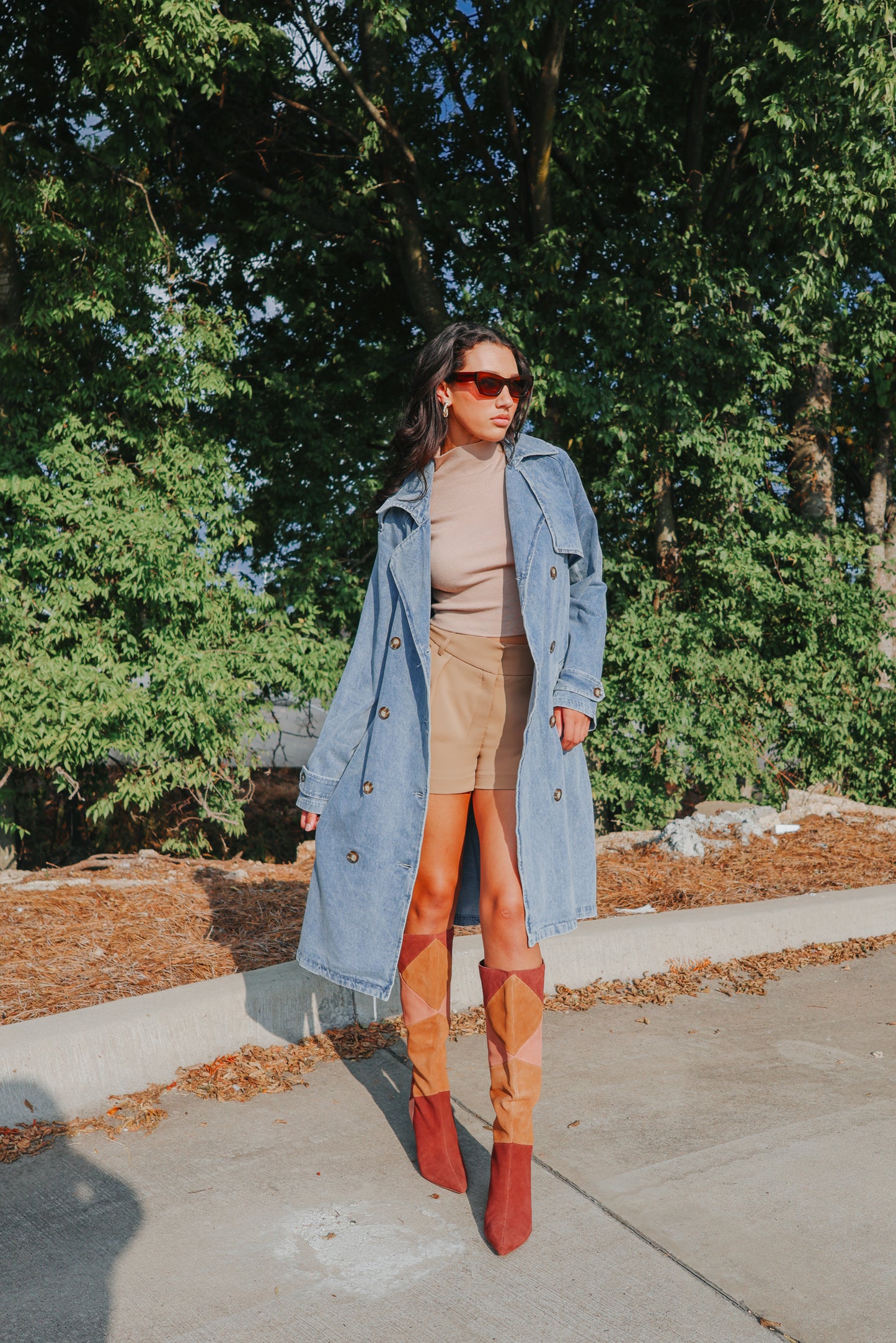 Double Breasted Belted Long Denim Trench Coat