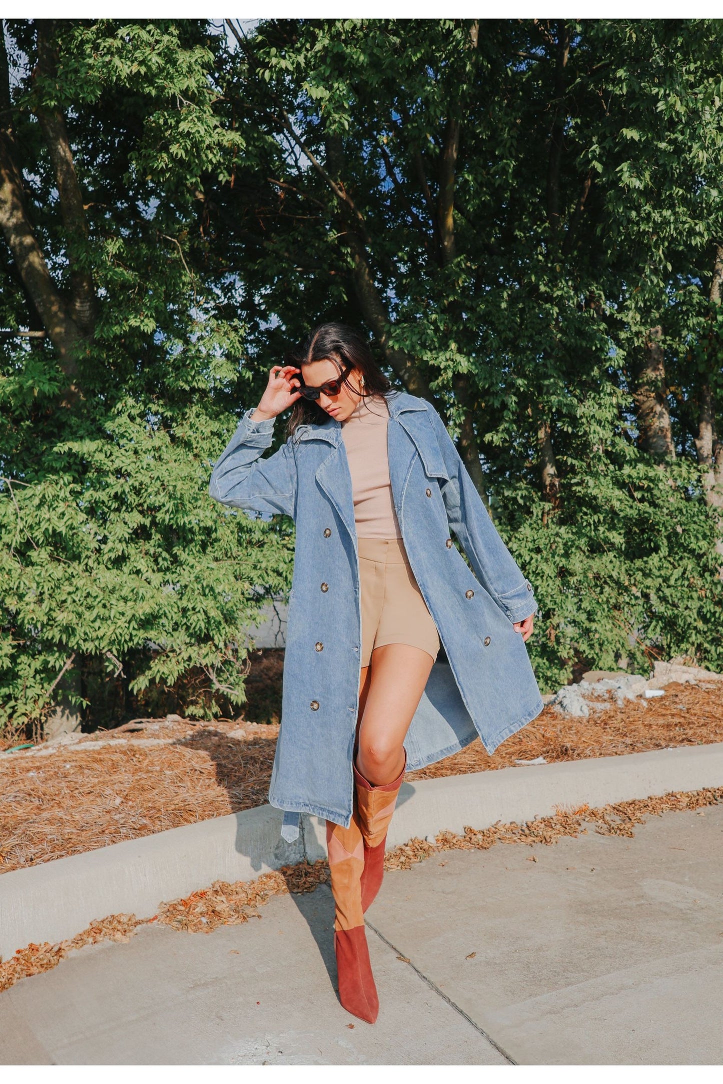 Double Breasted Belted Long Denim Trench Coat