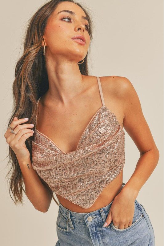 Cowl Neck Sequin Fever Crop Top-Tops-KCoutureBoutique, women's boutique in Bossier City, Louisiana