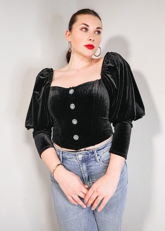 Velvet Corset Rhinestone Puff Sleeve Top