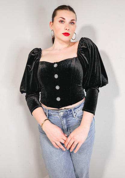 Velvet Corset Rhinestone Puff Sleeve Top