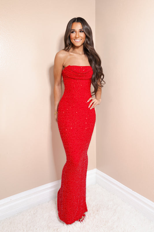 Crimson Kiss Beaded Strapless Gown