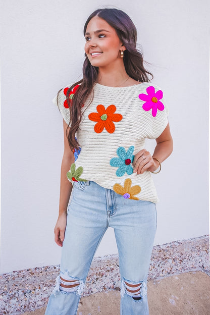 Crochet Flower Embroidery Knit Top