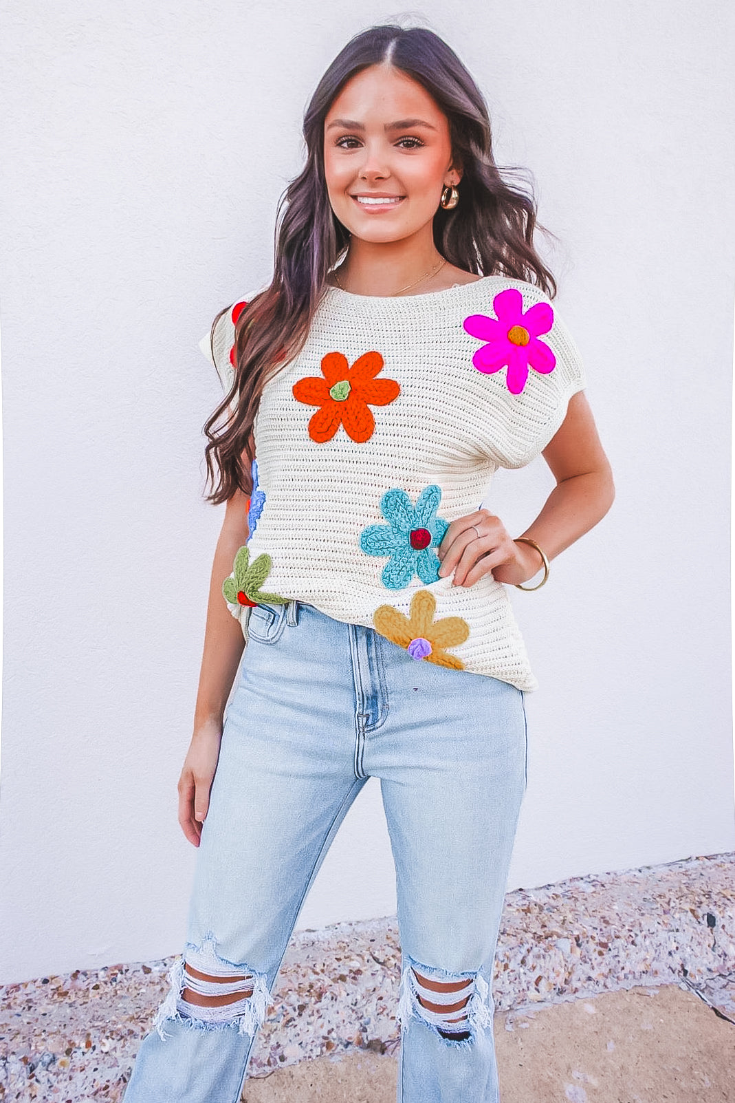 Crochet Flower Embroidery Knit Top