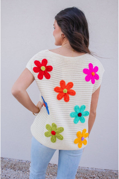 Crochet Flower Embroidery Knit Top