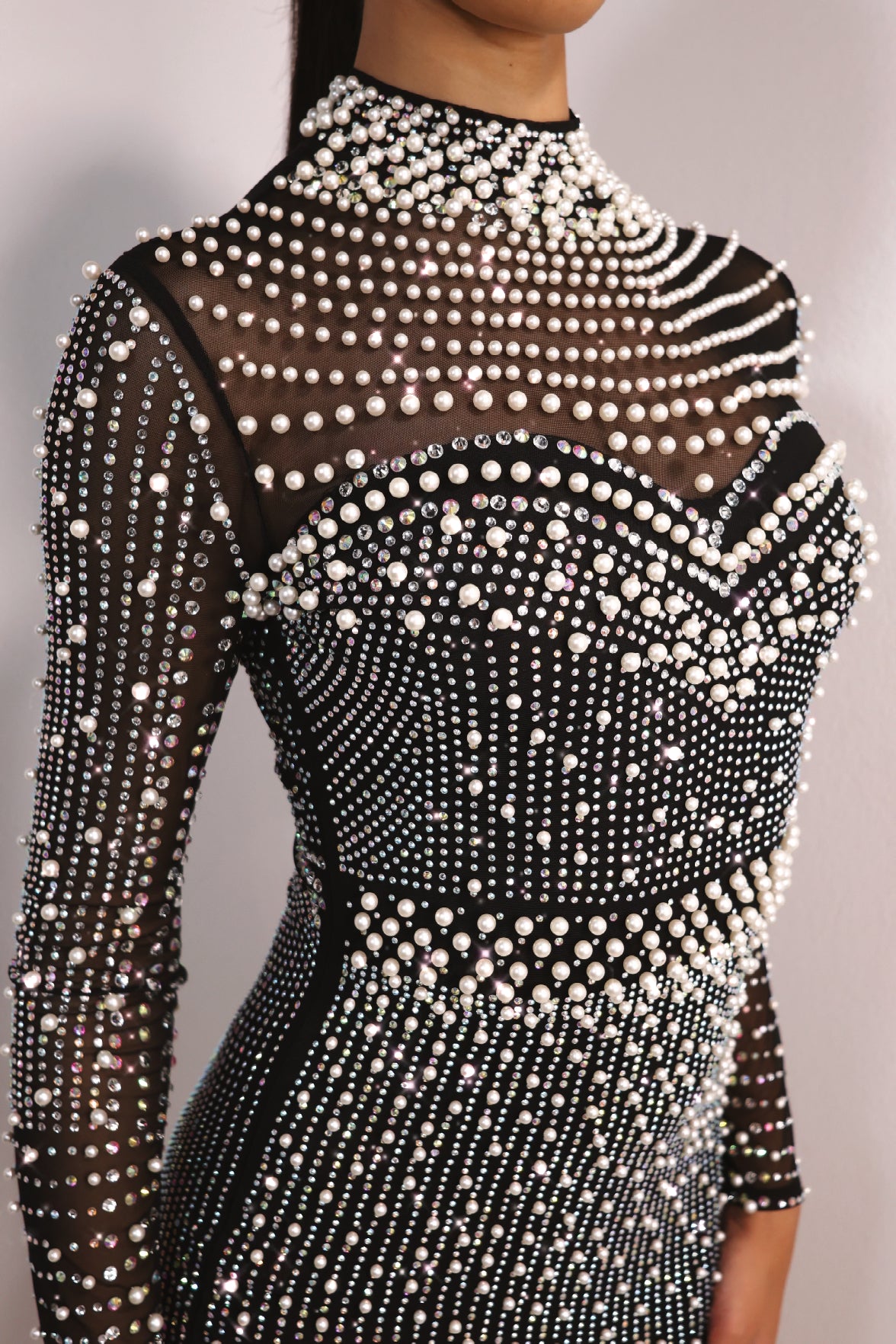 Pearl Illusion Rhinestone Embellished Mini Dress