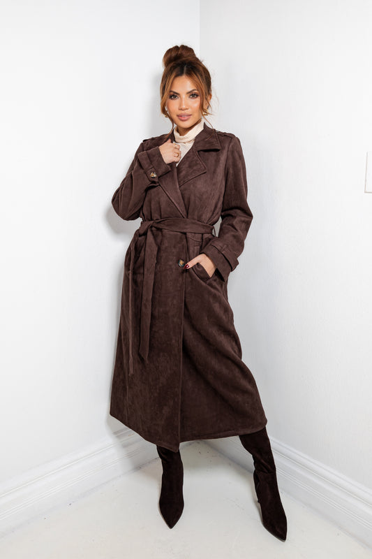 Dark Roast Suede Longline Trench Coat