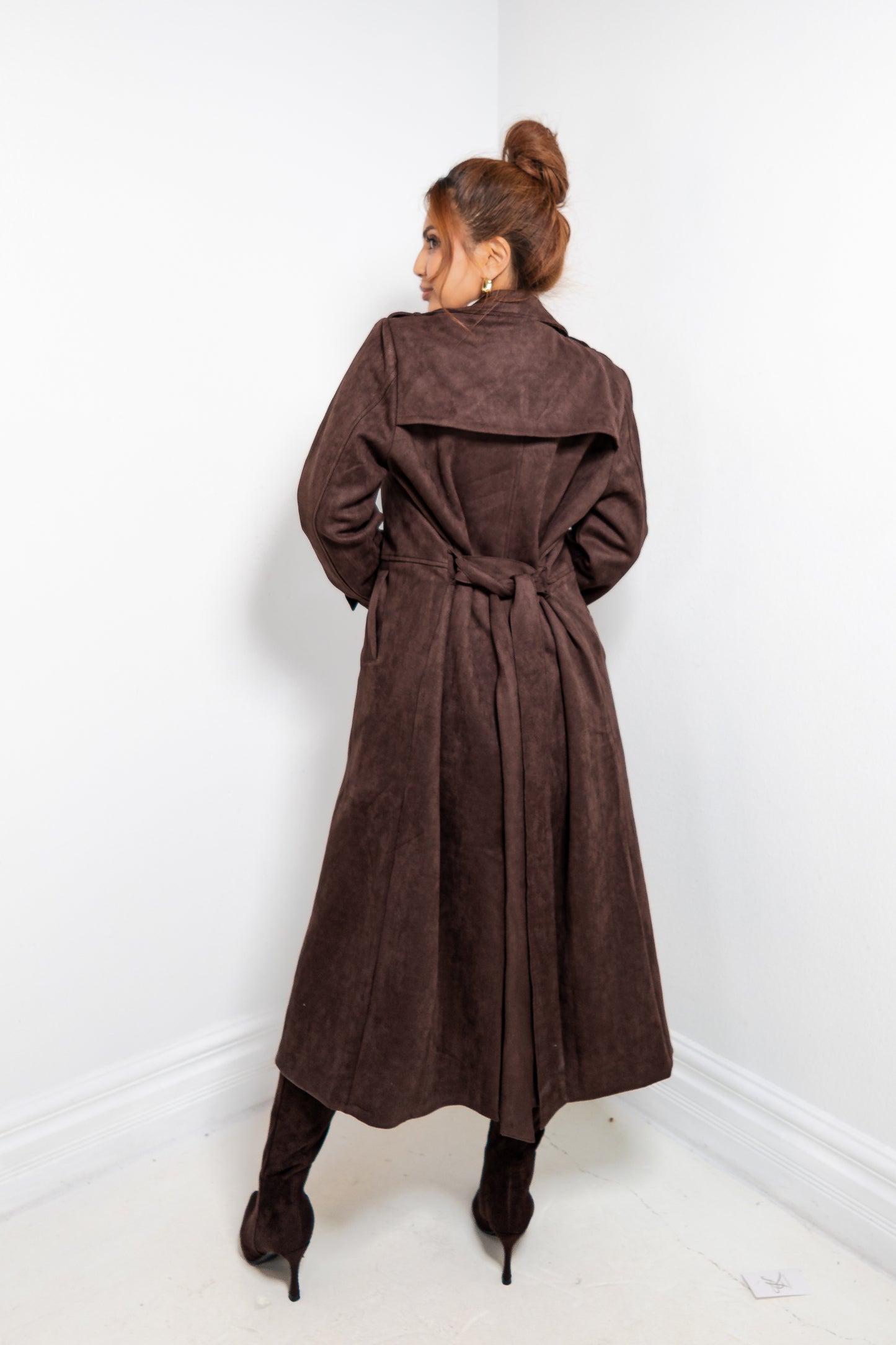 Dark Roast Suede Longline Trench Coat