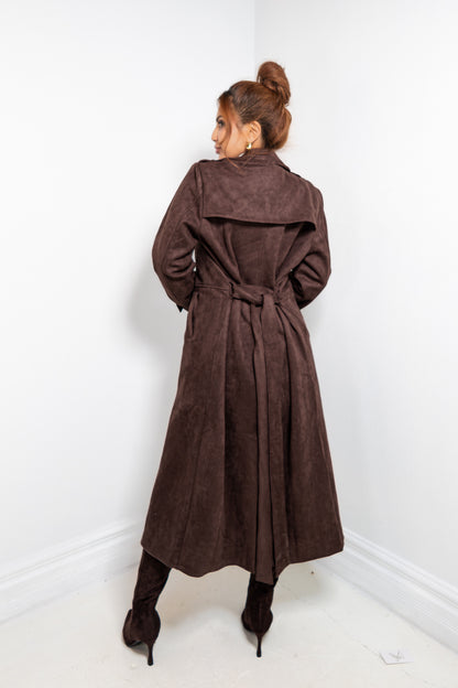 Dark Roast Suede Longline Trench Coat