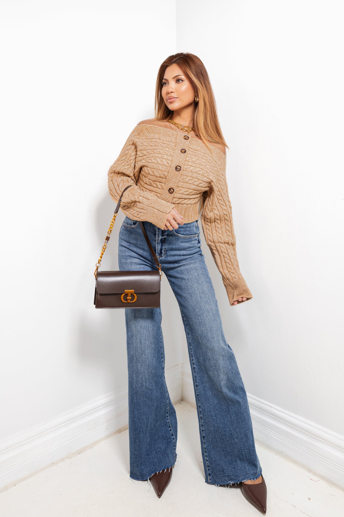 Snuggle Up Off Shoulder Button Down Top