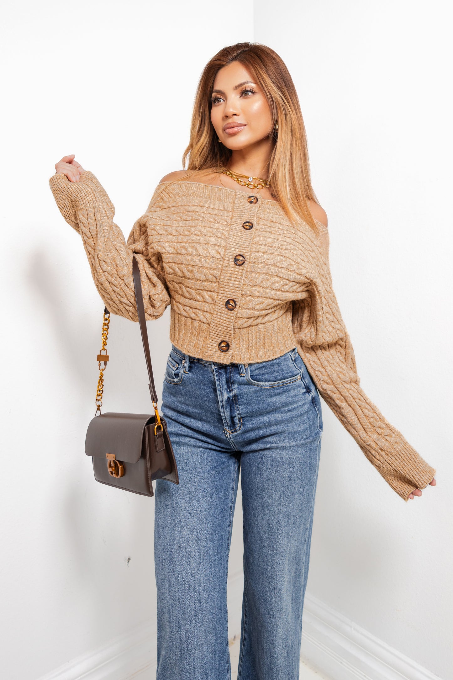 Snuggle Up Off Shoulder Button Down Top
