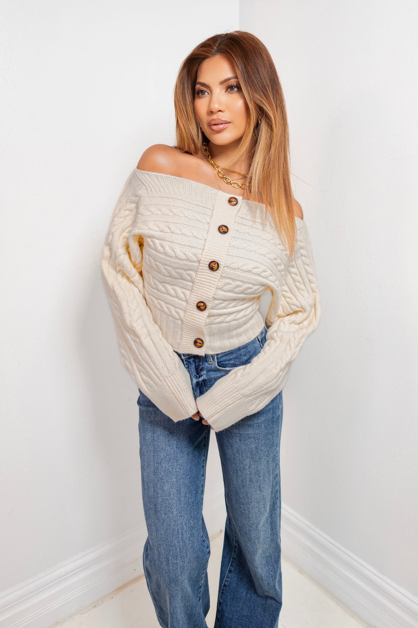 Snuggle Up Off Shoulder Button Down Top