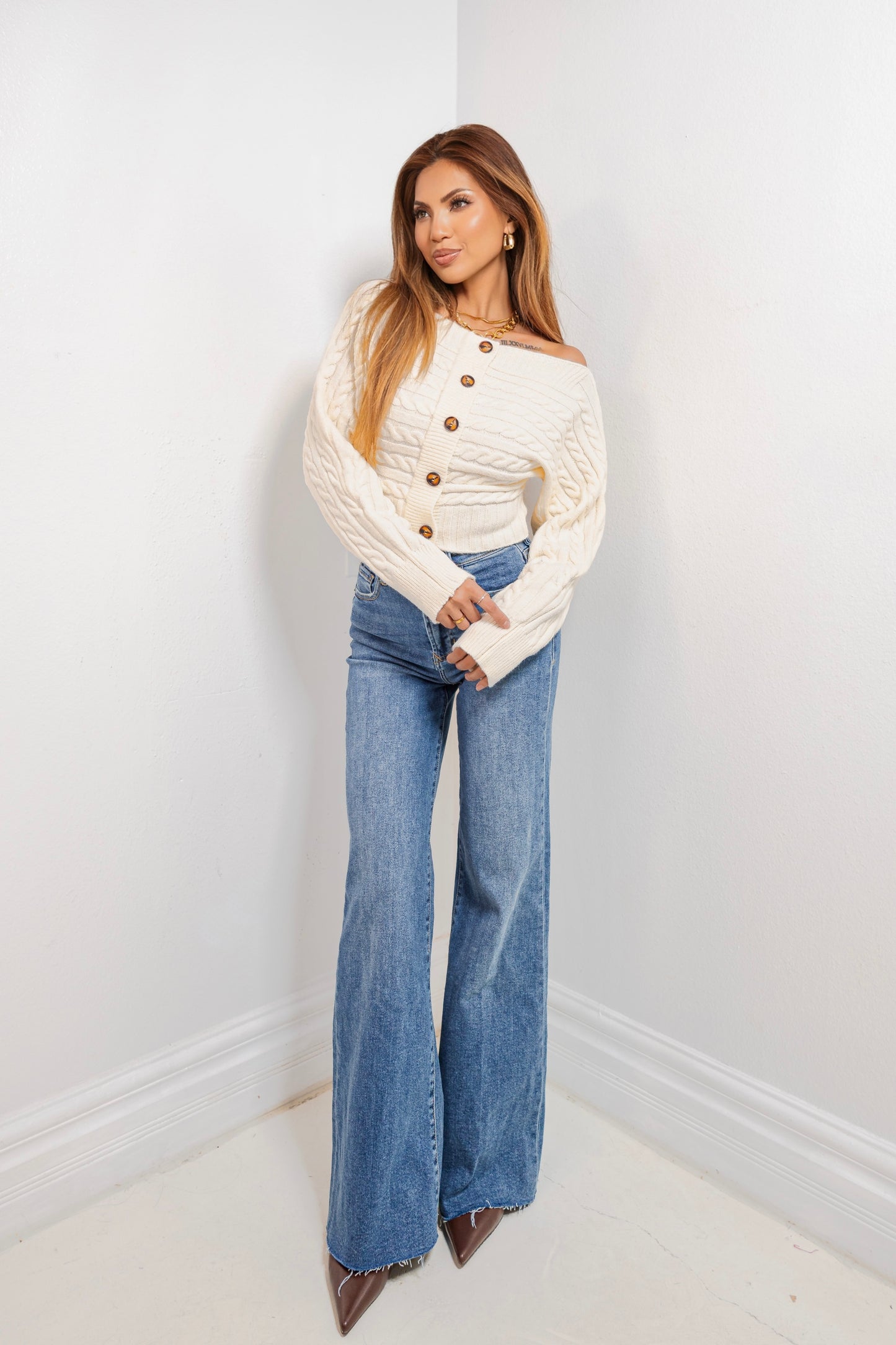 Snuggle Up Off Shoulder Button Down Top