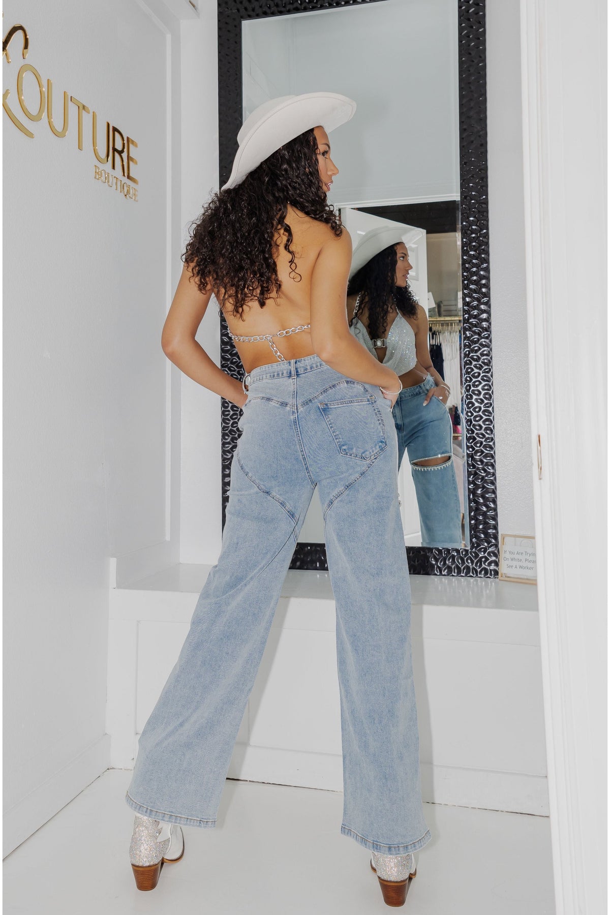 Denim Cut Front Rhinestone Jeans-Clothing-KCoutureBoutique, women's boutique in Bossier City, Louisiana