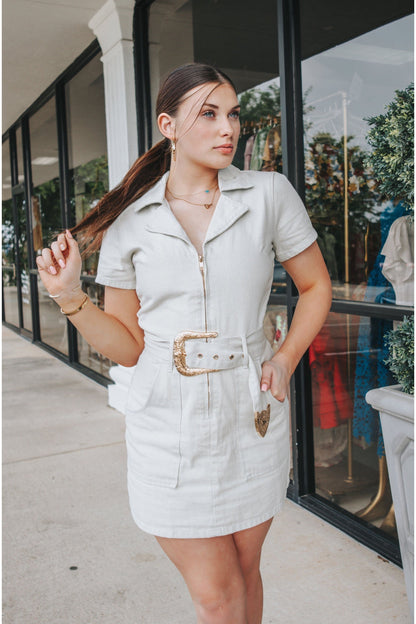 Denim Front Zip Belted Dress-Dress-KCoutureBoutique, women's boutique in Bossier City, Louisiana