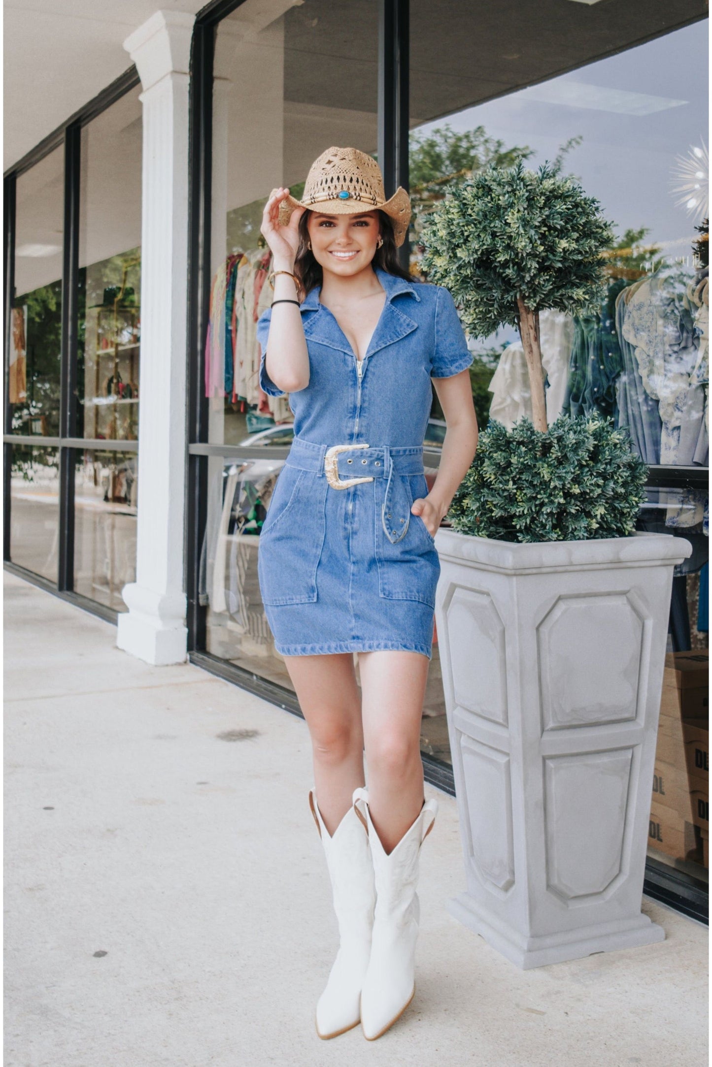 Denim Front Zip Belted Dress-Dress-KCoutureBoutique, women's boutique in Bossier City, Louisiana