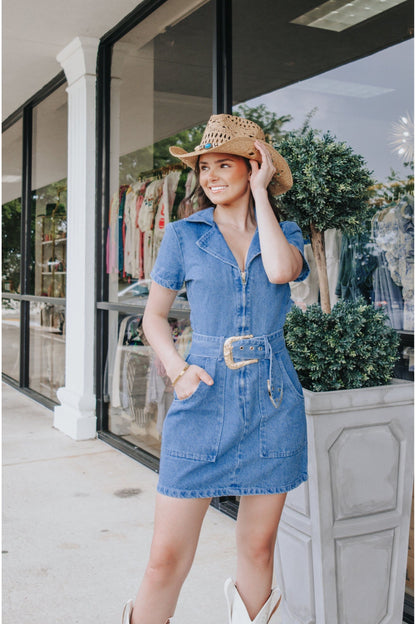 Denim Front Zip Belted Dress-Dress-KCoutureBoutique, women's boutique in Bossier City, Louisiana