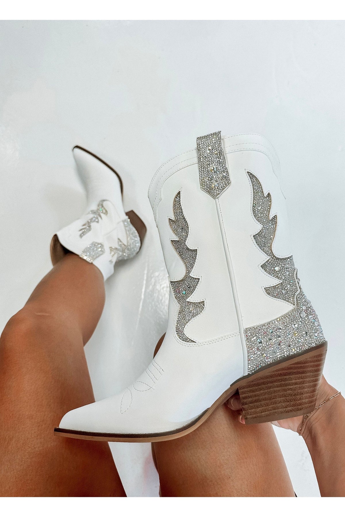 Dolly Rhinestone Midi White Boots-Apparel & Accessories-KCoutureBoutique, women's boutique in Bossier City, Louisiana