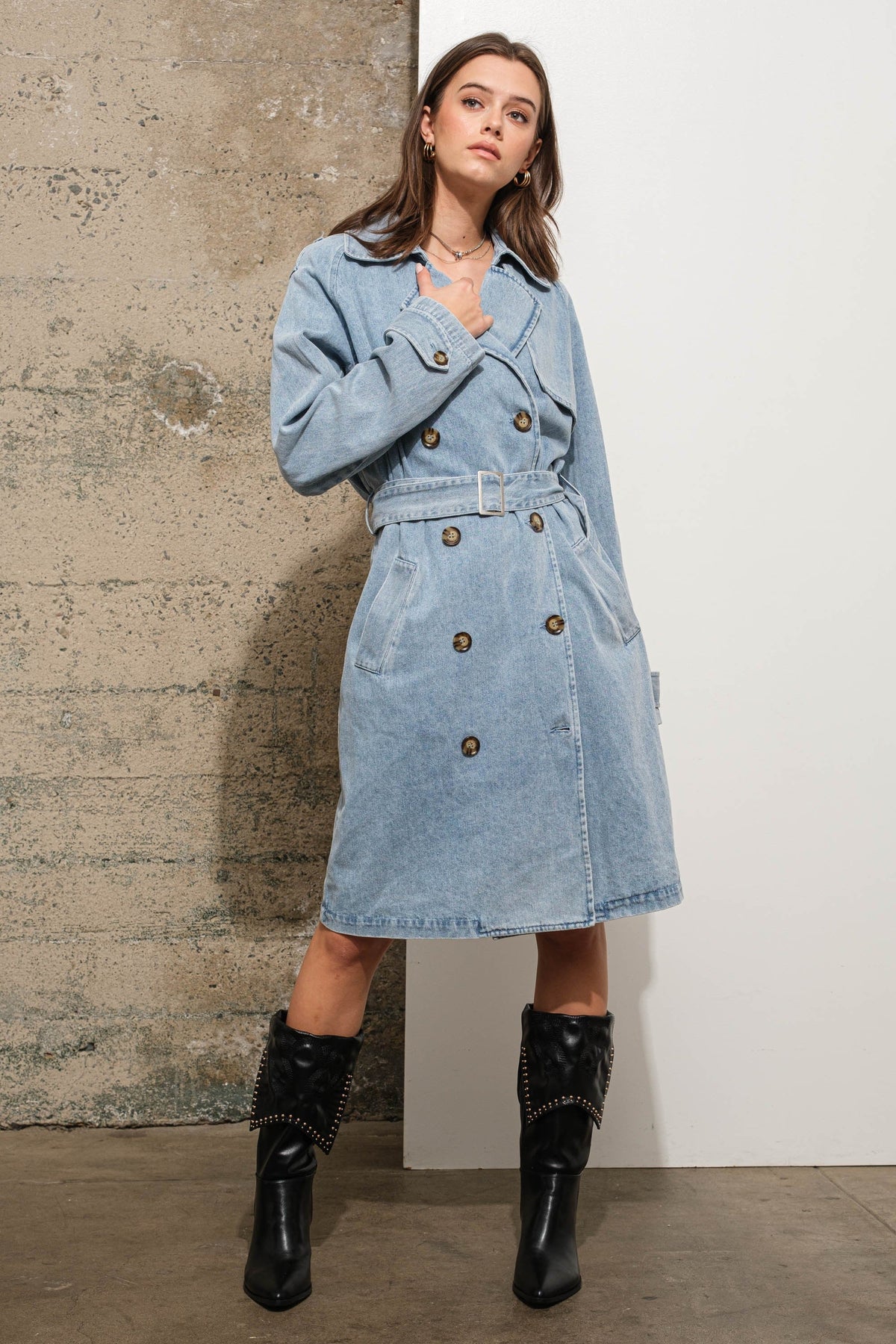 Double Breasted Belted Long Denim Trench Coat-Clothing-KCoutureBoutique, women's boutique in Bossier City, Louisiana
