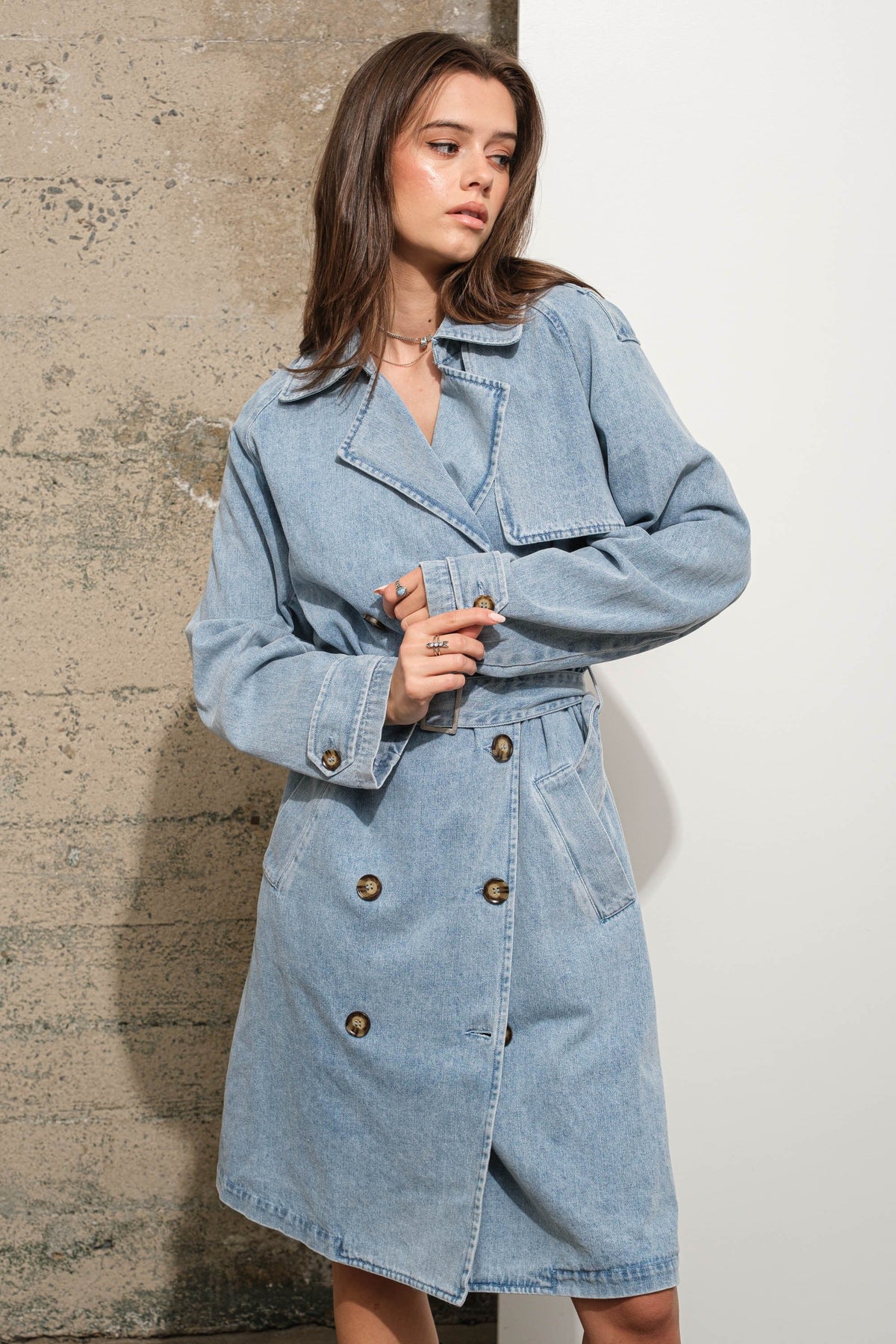 Double Breasted Belted Long Denim Trench Coat-Clothing-KCoutureBoutique, women's boutique in Bossier City, Louisiana