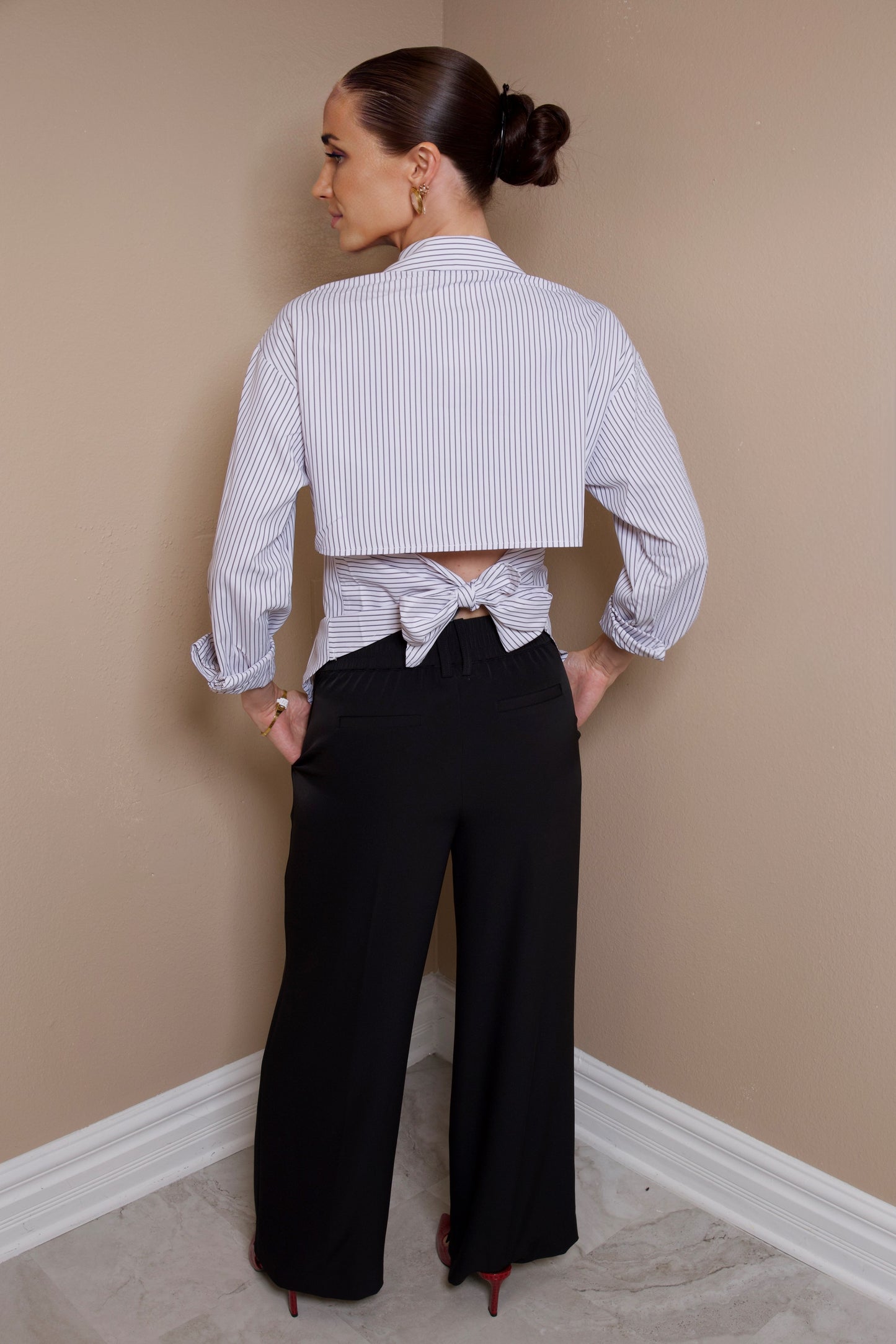 Open Back Statement Pinstripe Blouse