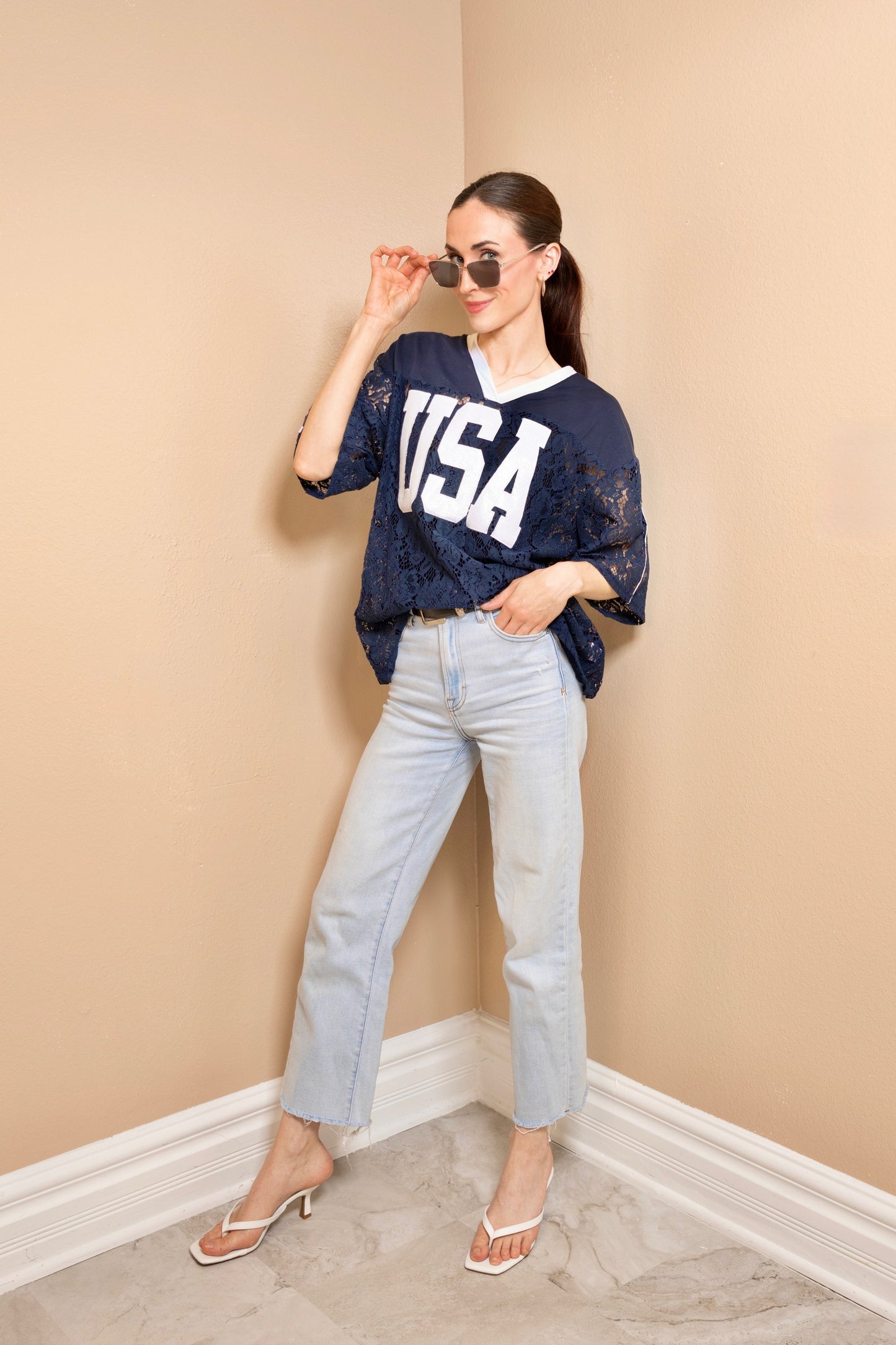 Navy USA Varsity Lace Top