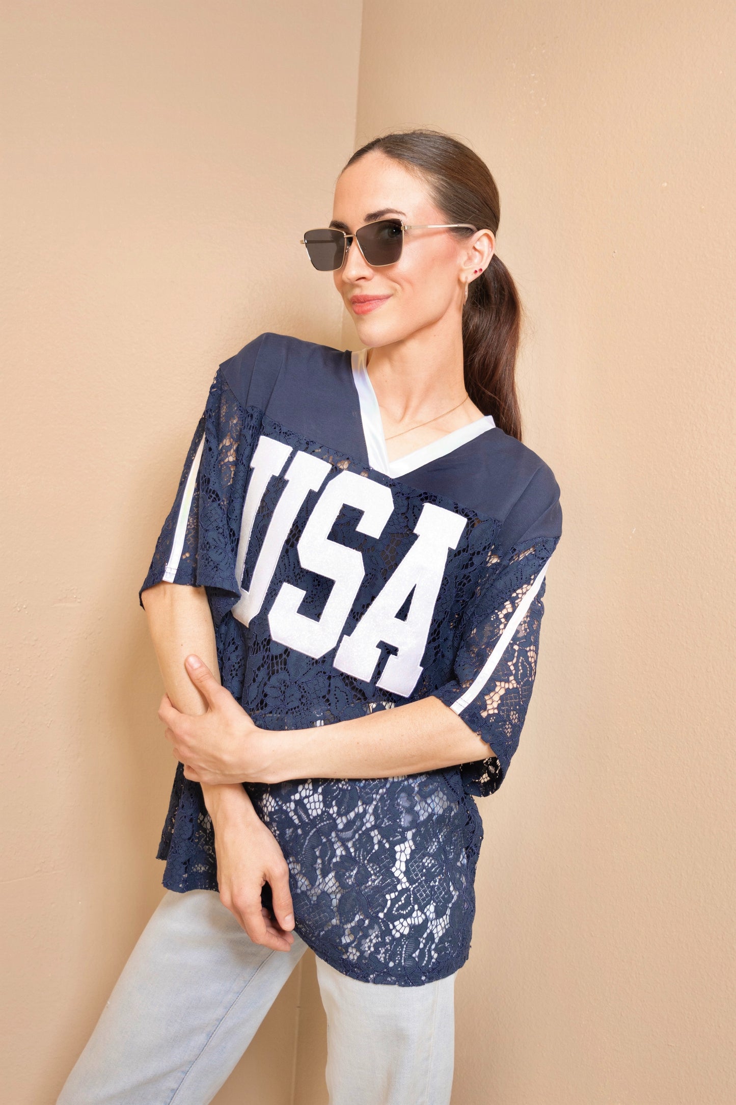 Navy USA Varsity Lace Top